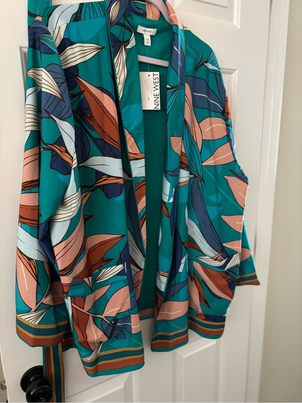 New! Nine West Teal Multicolor Leaf-Print Jacket